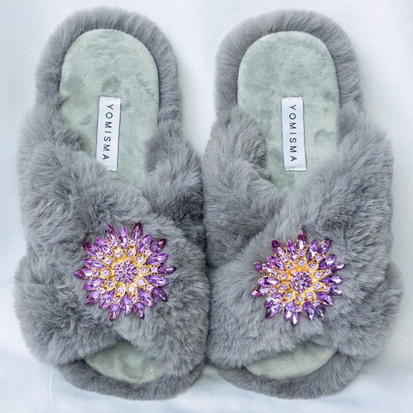 Faux Fur Slippers - Global Recycled Standard Certified with Lavender Jewel Embellishments