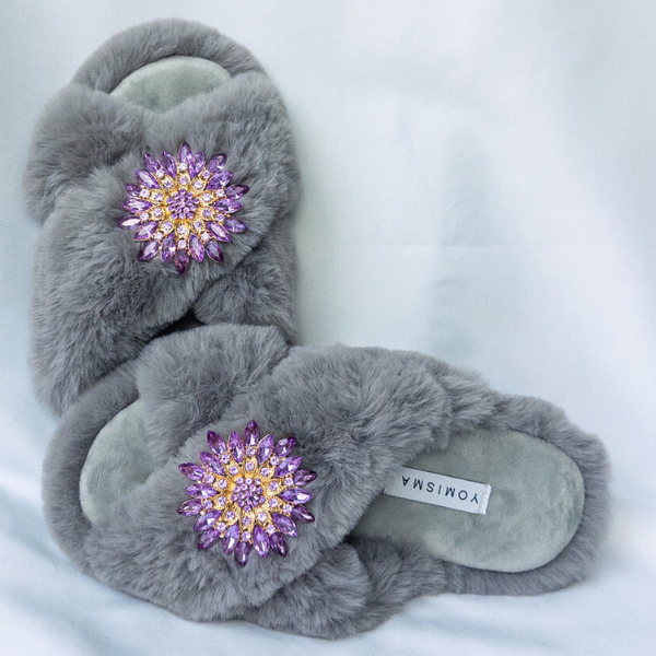 Faux Fur Slippers - Global Recycled Standard Certified with Lavender Jewel Embellishments