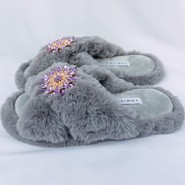 Faux Fur Slippers - Global Recycled Standard Certified with Lavender Jewel Embellishments