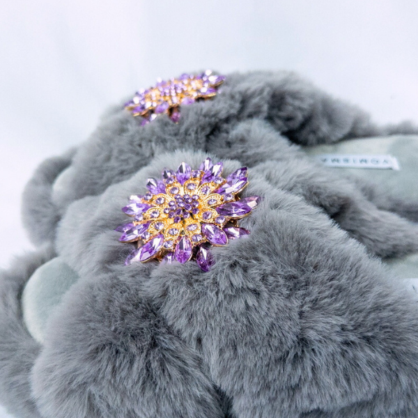 Faux Fur Slippers - Global Recycled Standard Certified with Lavender Jewel Embellishments