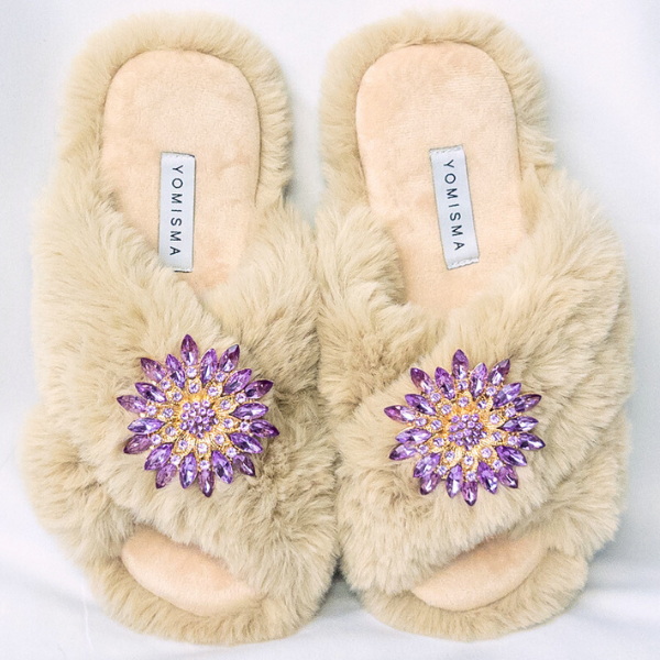 Faux Fur Slippers - Global Recycled Standard Certified with Lavender Jewel Embellishments