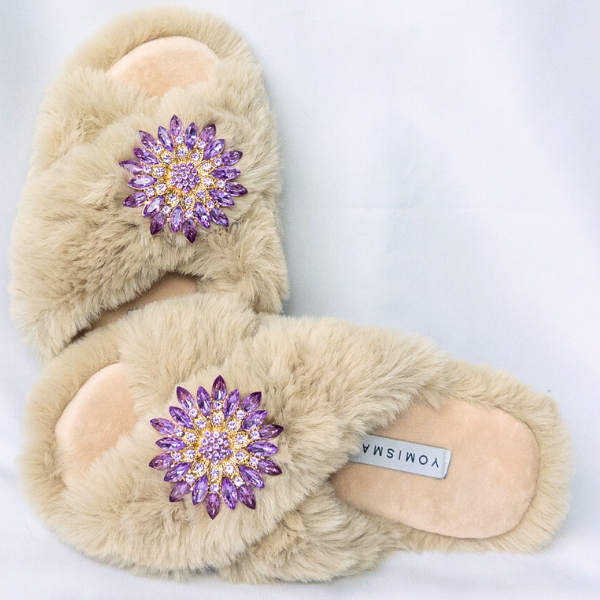 Faux Fur Slippers - Global Recycled Standard Certified with Lavender Jewel Embellishments