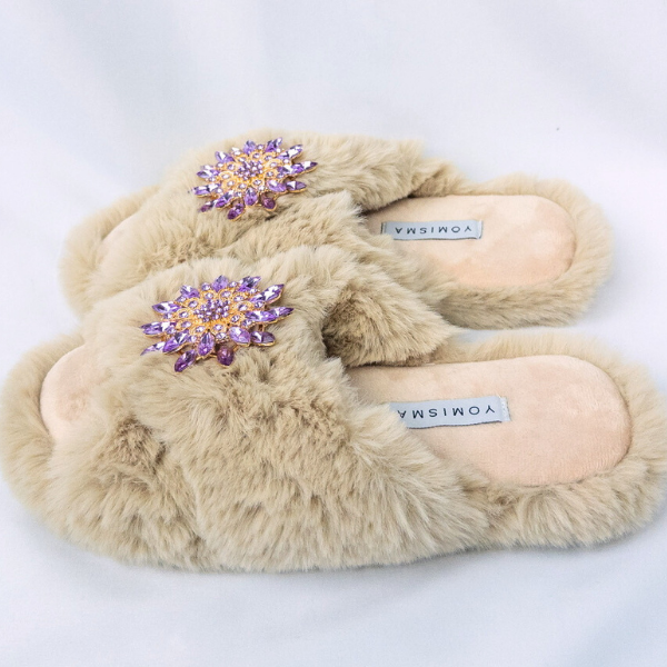 Faux Fur Slippers - Global Recycled Standard Certified with Lavender Jewel Embellishments