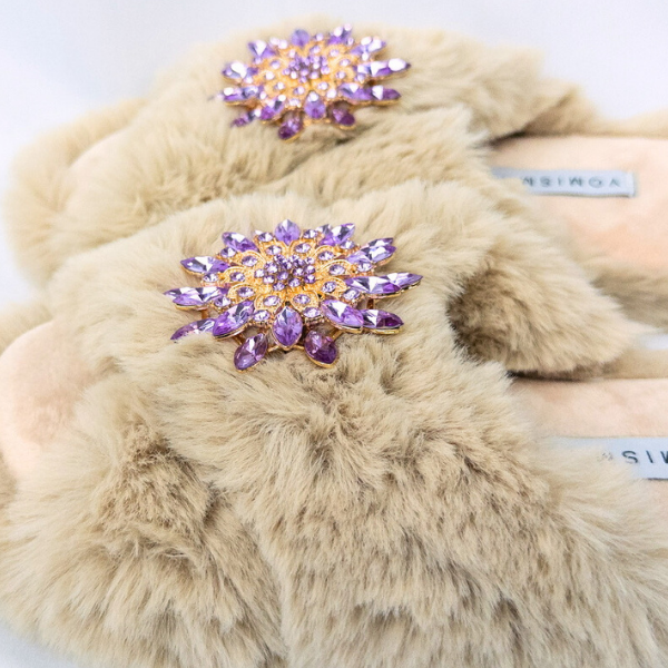 Faux Fur Slippers - Global Recycled Standard Certified with Lavender Jewel Embellishments