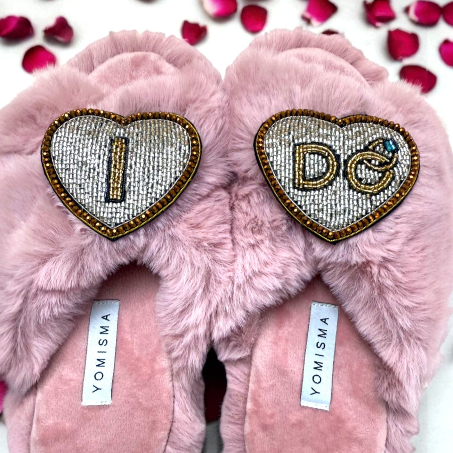 Faux Fur Slippers - Global Recycled Standard Certified with Beaded Wedding (I DO) Brooch