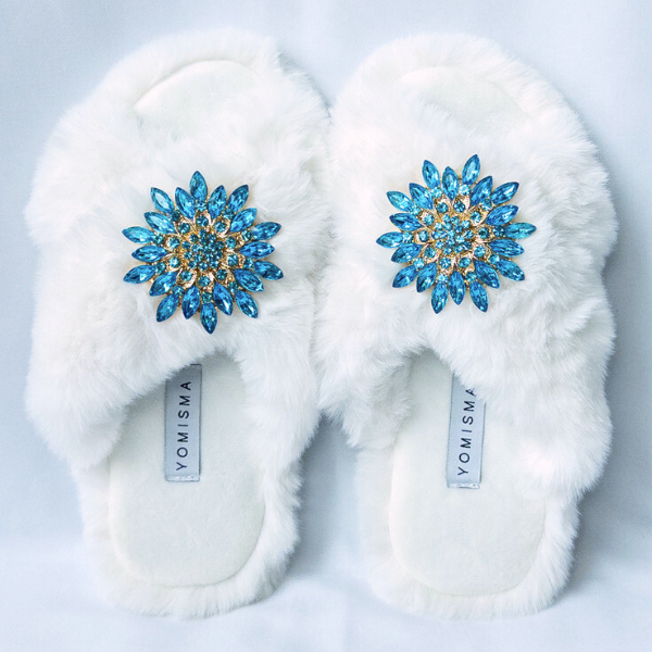 Faux Fur Slippers - Global Recycled Standard Certified with Turquoise Jewel Embellishments
