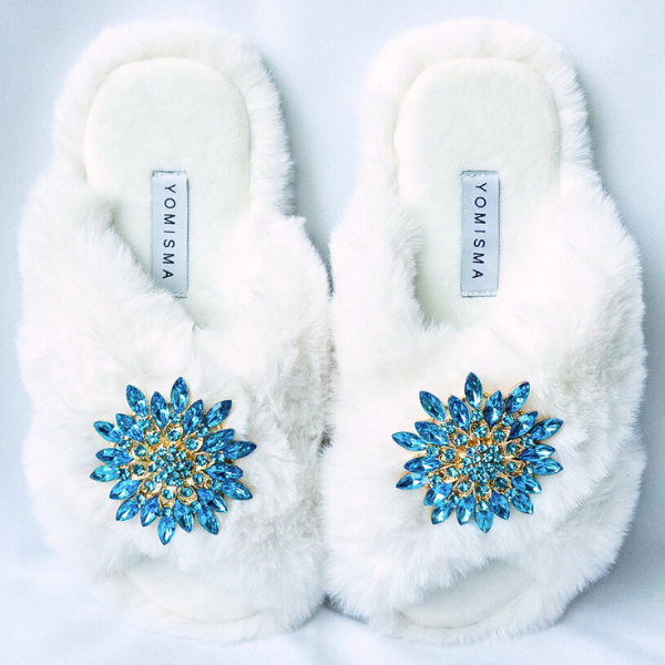 Faux Fur Slippers - Global Recycled Standard Certified with Turquoise Jewel Embellishments