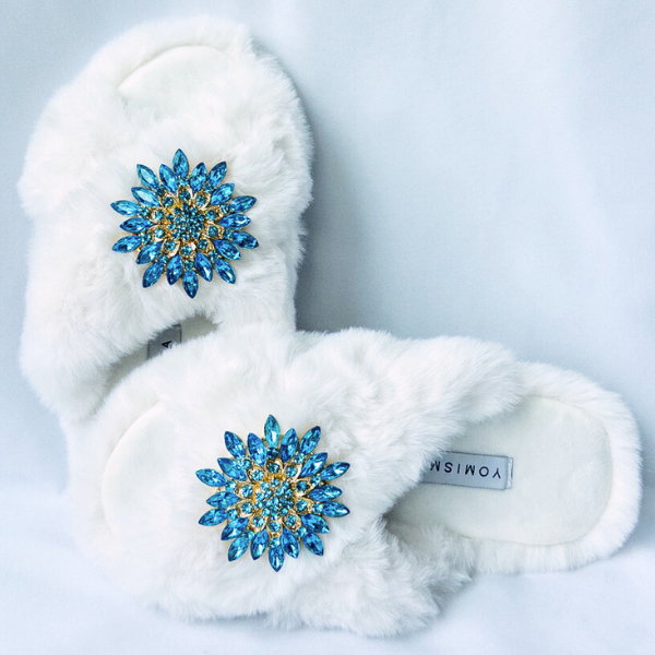 Faux Fur Slippers - Global Recycled Standard Certified with Turquoise Jewel Embellishments