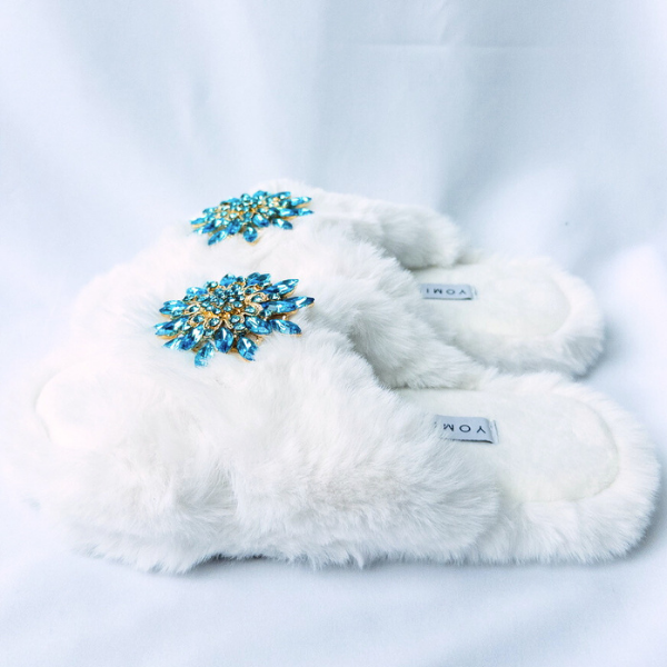 Faux Fur Slippers - Global Recycled Standard Certified with Turquoise Jewel Embellishments