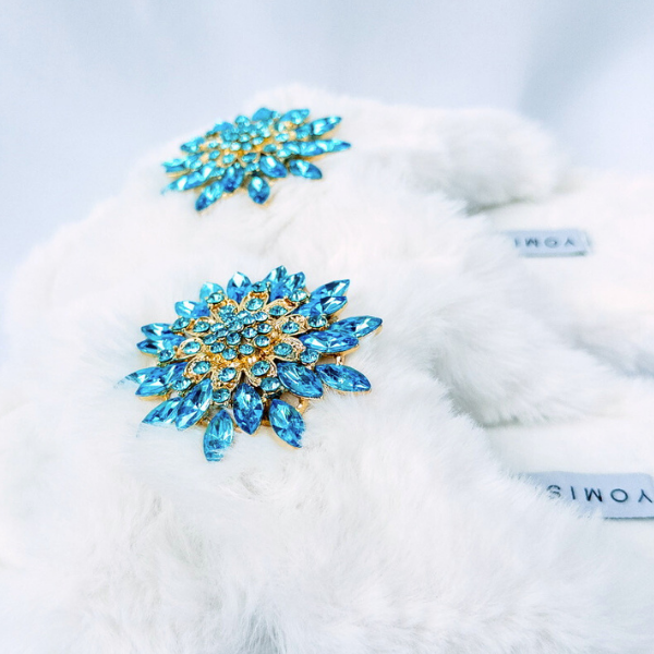 Faux Fur Slippers - Global Recycled Standard Certified with Turquoise Jewel Embellishments