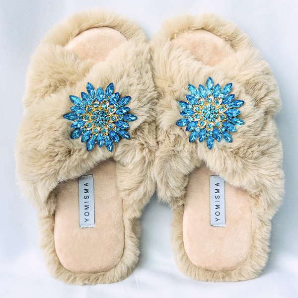 Faux Fur Slippers - Global Recycled Standard Certified with Turquoise Jewel Embellishments