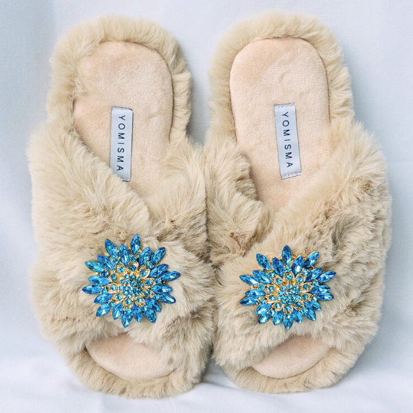 Faux Fur Slippers - Global Recycled Standard Certified with Turquoise Jewel Embellishments