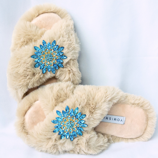 Faux Fur Slippers - Global Recycled Standard Certified with Turquoise Jewel Embellishments