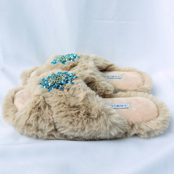 Faux Fur Slippers - Global Recycled Standard Certified with Turquoise Jewel Embellishments