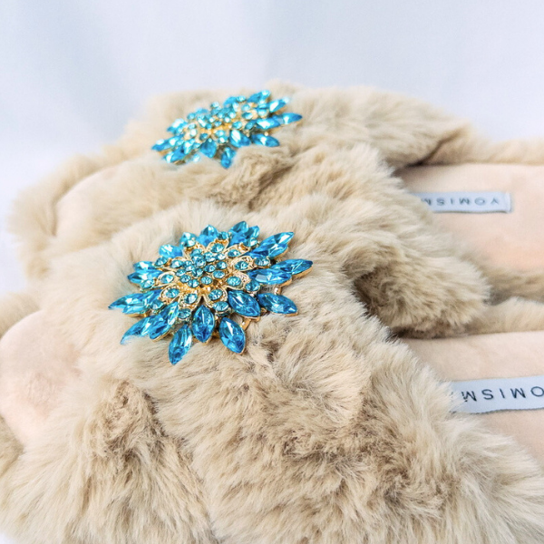 Faux Fur Slippers - Global Recycled Standard Certified with Turquoise Jewel Embellishments
