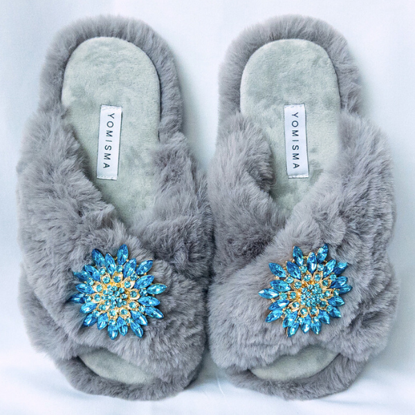 Faux Fur Slippers - Global Recycled Standard Certified with Turquoise Jewel Embellishments