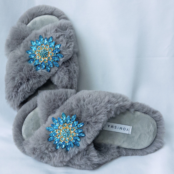 Faux Fur Slippers - Global Recycled Standard Certified with Turquoise Jewel Embellishments