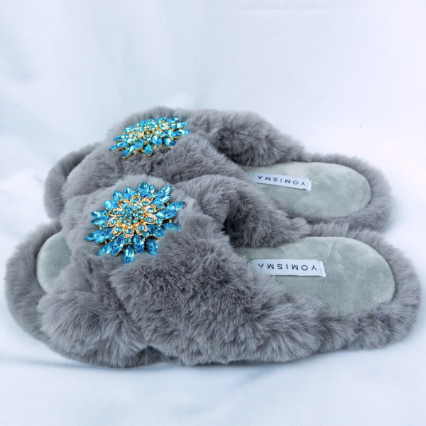Faux Fur Slippers - Global Recycled Standard Certified with Turquoise Jewel Embellishments