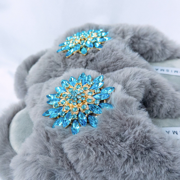 Faux Fur Slippers - Global Recycled Standard Certified with Turquoise Jewel Embellishments