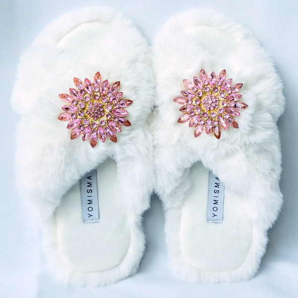 Faux Fur Slippers - Global Recycled Standard Certified with Light Pink Jewel Embellishments