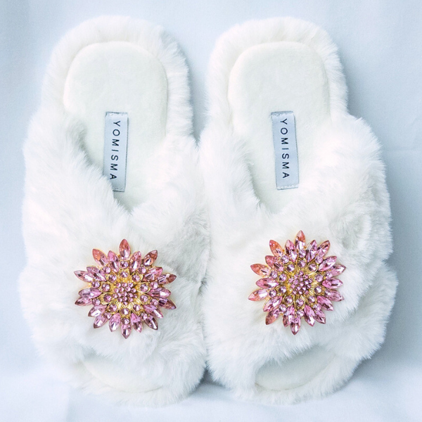 Faux Fur Slippers - Global Recycled Standard Certified with Light Pink Jewel Embellishments
