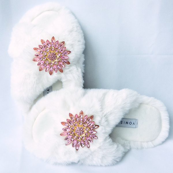 Faux Fur Slippers - Global Recycled Standard Certified with Light Pink Jewel Embellishments