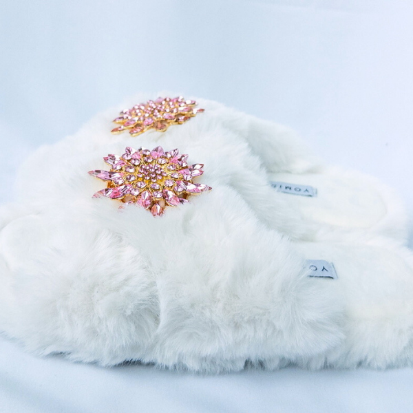 Faux Fur Slippers - Global Recycled Standard Certified with Light Pink Jewel Embellishments