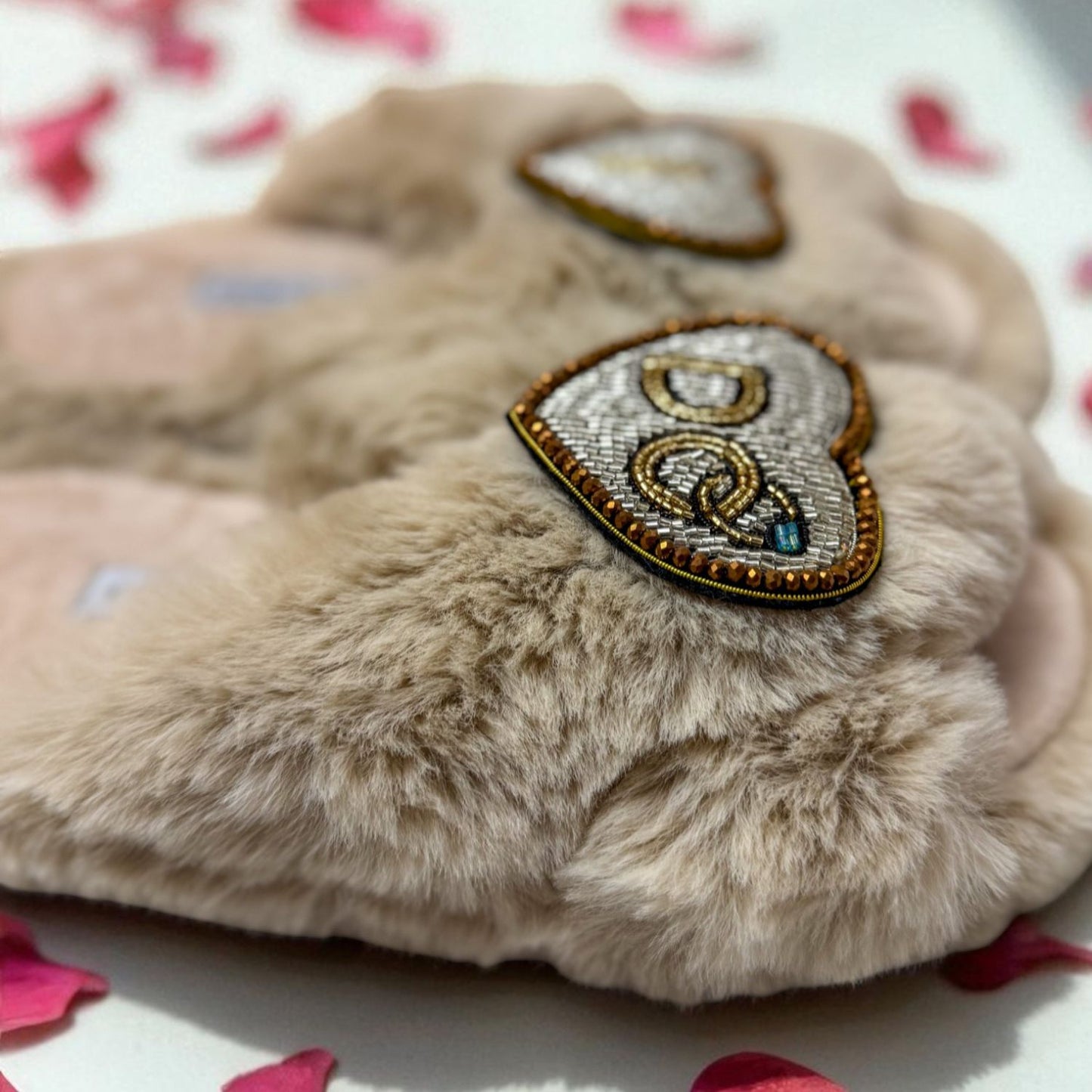 Faux Fur Slippers - Global Recycled Standard Certified with Beaded Wedding (I DO) Brooch