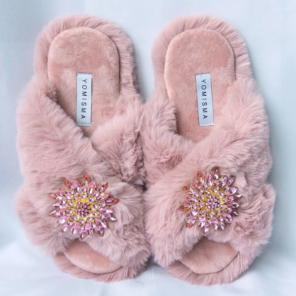 Faux Fur Slippers - Global Recycled Standard Certified with Light Pink Jewel Embellishments