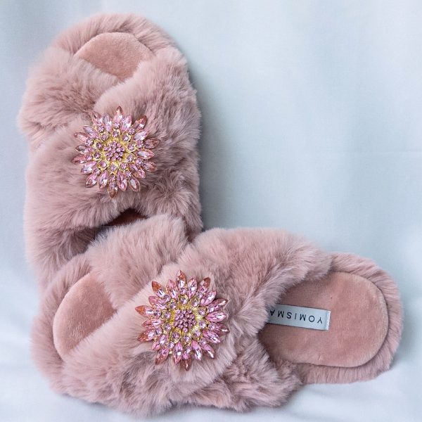 Faux Fur Slippers - Global Recycled Standard Certified with Light Pink Jewel Embellishments