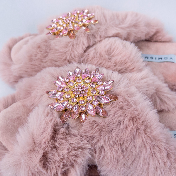 Faux Fur Slippers - Global Recycled Standard Certified with Light Pink Jewel Embellishments