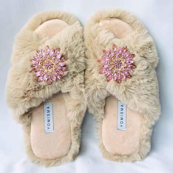 Faux Fur Slippers - Global Recycled Standard Certified with Light Pink Jewel Embellishments