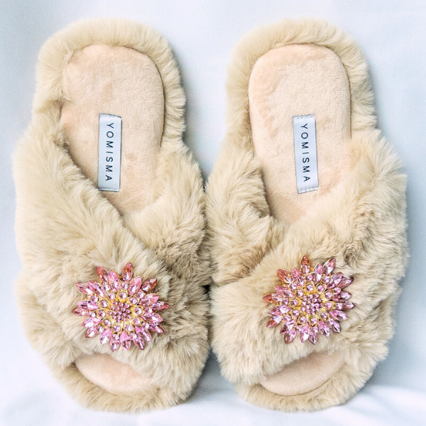 Faux Fur Slippers - Global Recycled Standard Certified with Light Pink Jewel Embellishments