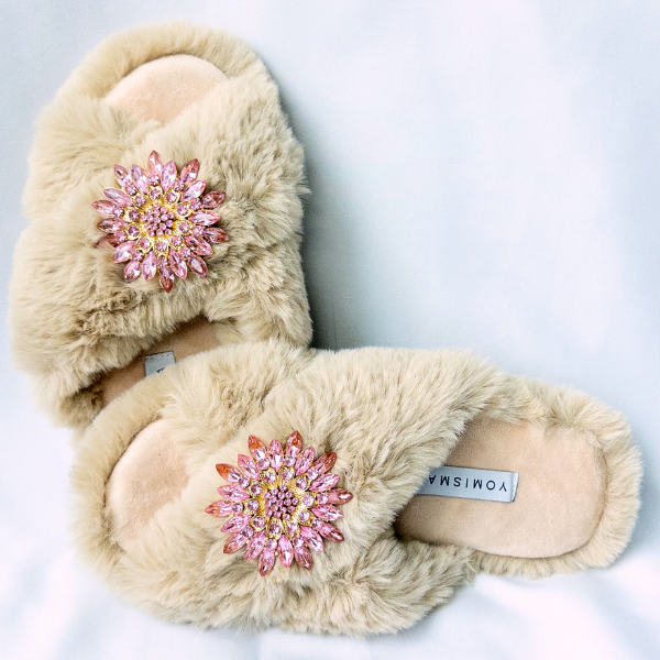 Faux Fur Slippers - Global Recycled Standard Certified with Light Pink Jewel Embellishments