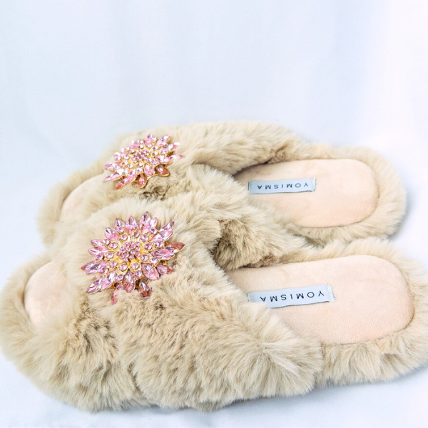 Faux Fur Slippers - Global Recycled Standard Certified with Light Pink Jewel Embellishments
