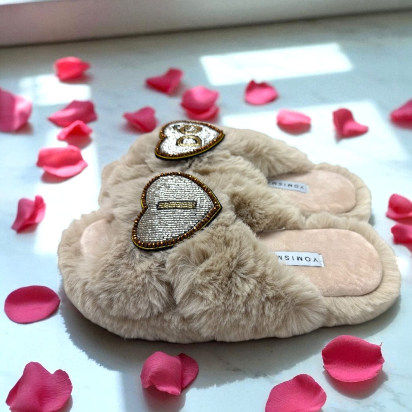 Faux Fur Slippers - Global Recycled Standard Certified with Beaded Wedding (I DO) Brooch