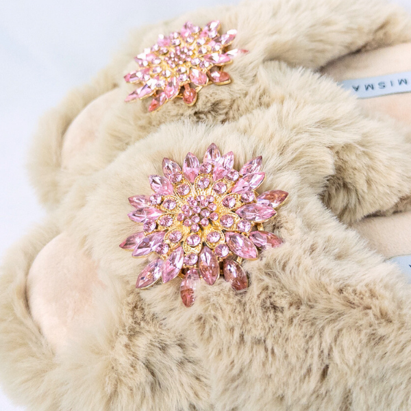 Faux Fur Slippers - Global Recycled Standard Certified with Light Pink Jewel Embellishments