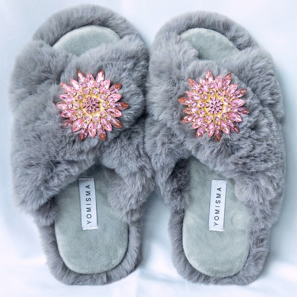 Faux Fur Slippers - Global Recycled Standard Certified with Light Pink Jewel Embellishments
