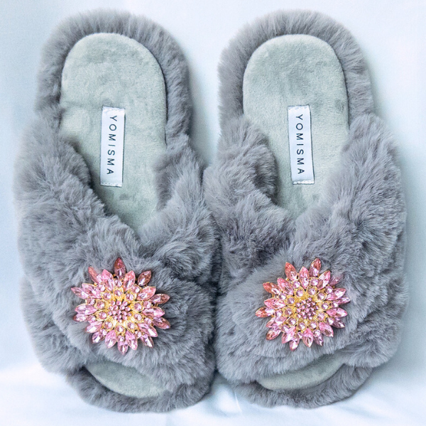 Faux Fur Slippers - Global Recycled Standard Certified with Light Pink Jewel Embellishments
