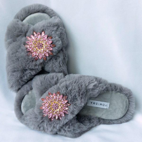 Faux Fur Slippers - Global Recycled Standard Certified with Light Pink Jewel Embellishments