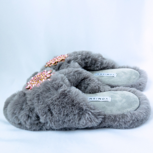 Faux Fur Slippers - Global Recycled Standard Certified with Light Pink Jewel Embellishments