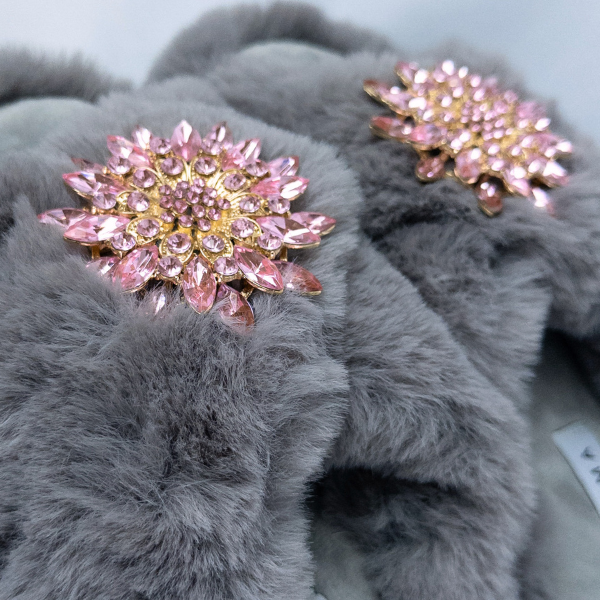 Faux Fur Slippers - Global Recycled Standard Certified with Light Pink Jewel Embellishments