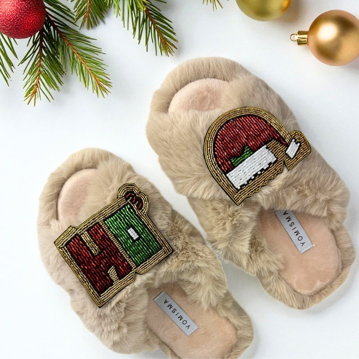 Faux Fur Slippers - Global Recycled Standard Certified with HO3 + Santa Hat Hand Beaded Brooches