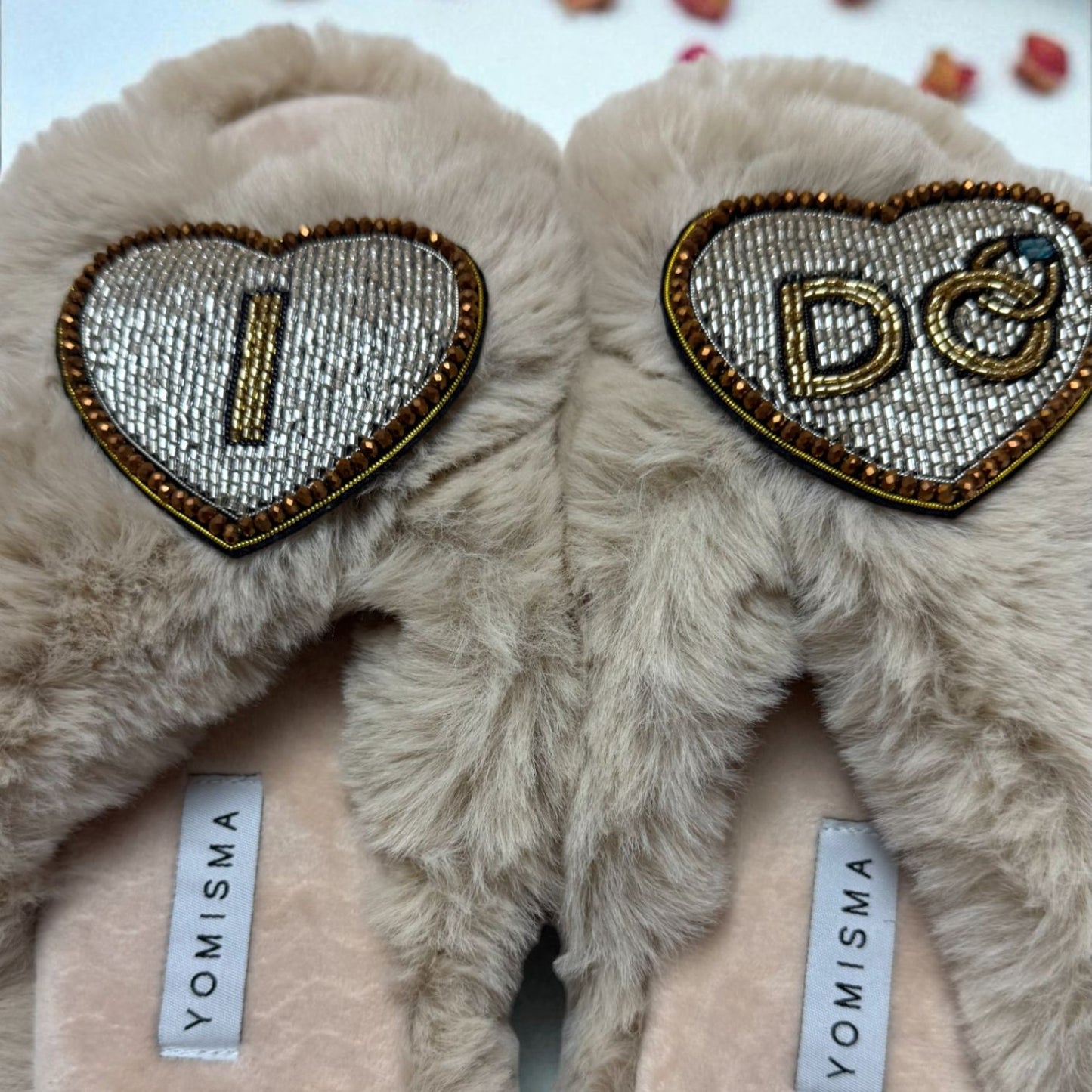 Faux Fur Slippers - Global Recycled Standard Certified with Beaded Wedding (I DO) Brooch