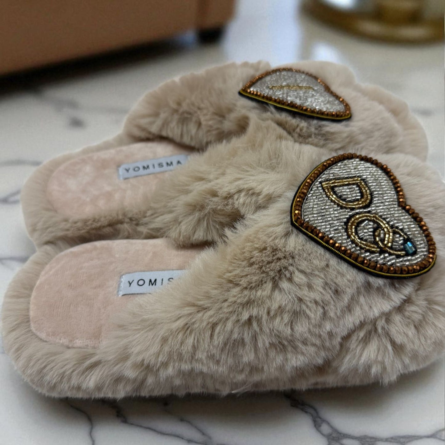 Faux Fur Slippers - Global Recycled Standard Certified with Beaded Wedding (I DO) Brooch