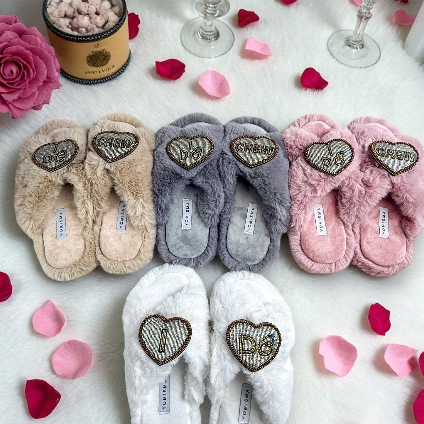 Faux Fur Slippers - Global Recycled Standard Certified with Beaded Wedding (I DO) Brooch