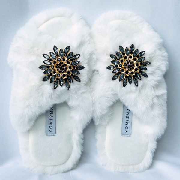 Faux Fur Slippers - Global Recycled Standard Certified with Grey Tourmaline Jewel Embellishments