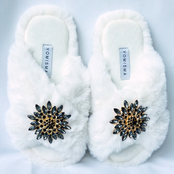 Faux Fur Slippers - Global Recycled Standard Certified with Grey Tourmaline Jewel Embellishments