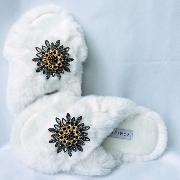 Faux Fur Slippers - Global Recycled Standard Certified with Grey Tourmaline Jewel Embellishments