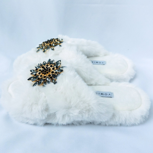 Faux Fur Slippers - Global Recycled Standard Certified with Grey Tourmaline Jewel Embellishments